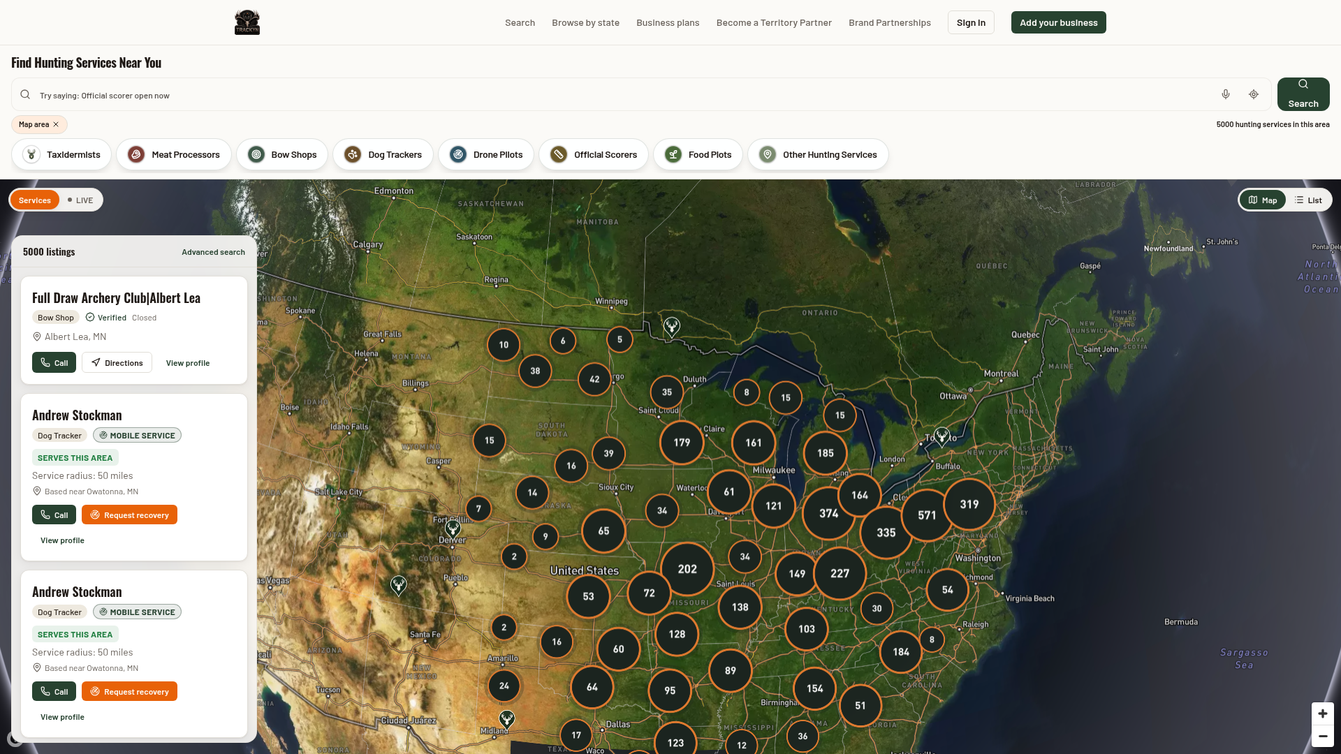 Trackyn hunting services directory map